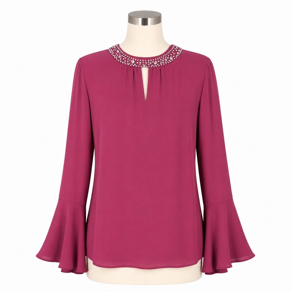Hot in Hollywood Blouse Womens‎ S Burgundy Rhinestone Keyhole Bell Sleeve Top